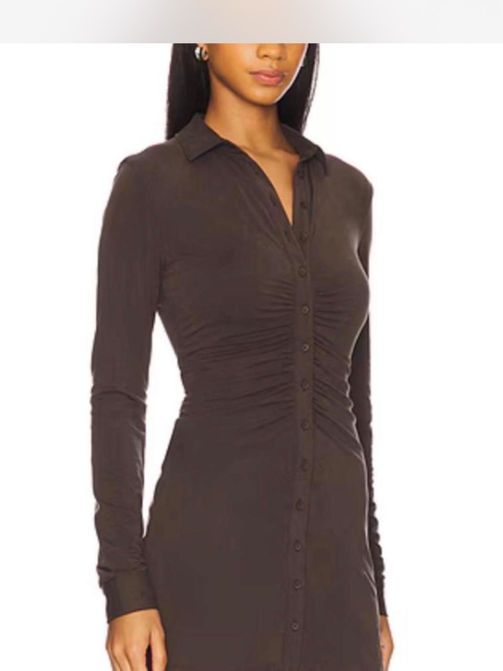 With Jean Brown Ruched Button-Down Long Sleeve Dress